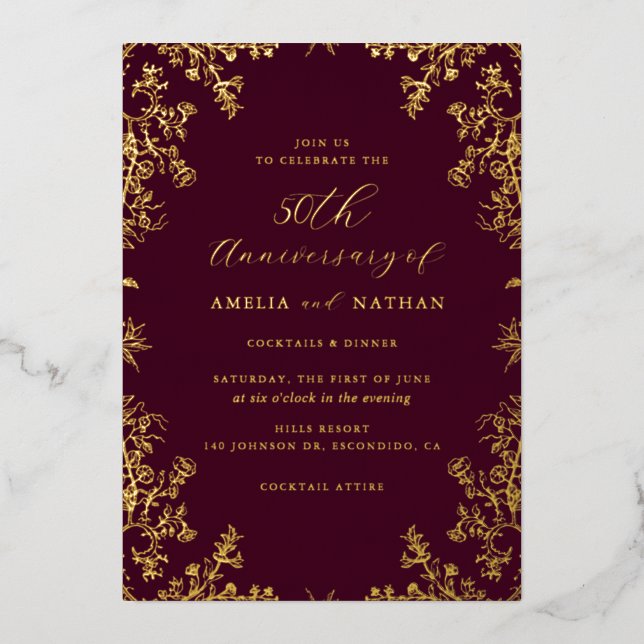 Vintage Gold Burgundy 50th Anniversary Party Foil Invitation (Front)