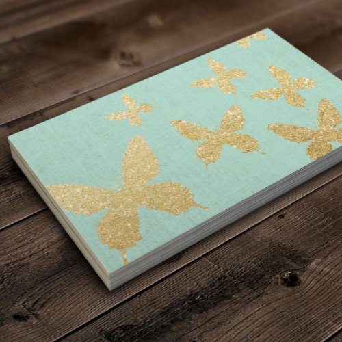 Vintage Gold Butterflies Elegant Green Linen Business Card