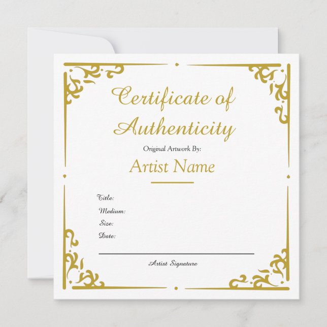 Vintage Gold Certificate of Authenticity for Art (Front)