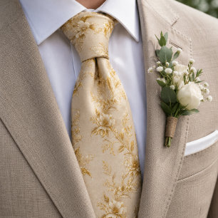 Vintage Gold Champagne Watercolor Floral Neck Tie