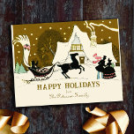 Vintage Gold Christmas Party Winter Night Scene Holiday Postcard<br><div class="desc">Early 1900's holiday greeting card with silhouettes of a group in a horse-drawn carriage, arriving in front of a snow covered country cottage, the scarf of the man riding the carriage is swirling high into the air, probably going to a Christmas party! With Christmas greetings with editable message and family...</div>