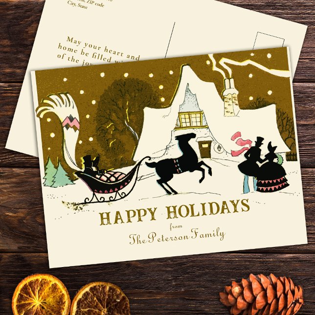 Vintage Gold Christmas Party Winter Scene Holiday Postcard (Creator Uploaded)