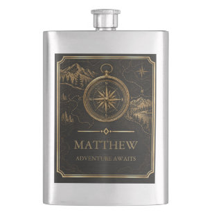 Vintage Gold Compass and Map Design Flask