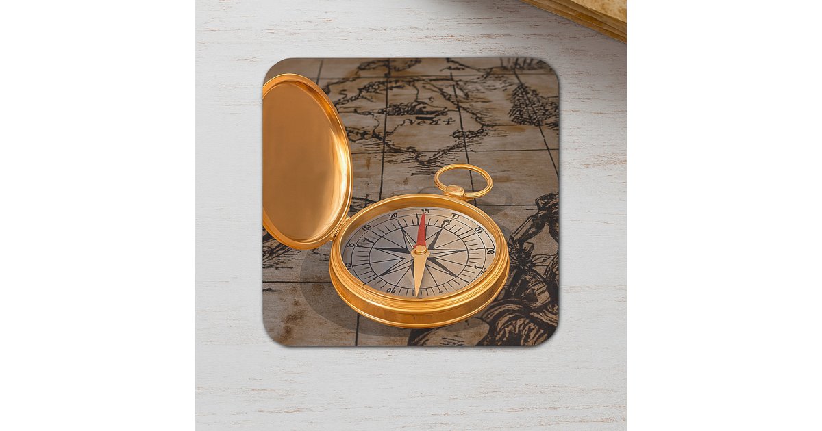 Vintage Gold Compass on Antique Pirate Map Square Sticker | Zazzle