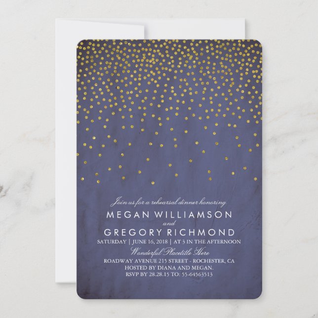 Vintage Gold Confetti Navy Rehearsal Dinner Invitation (Front)