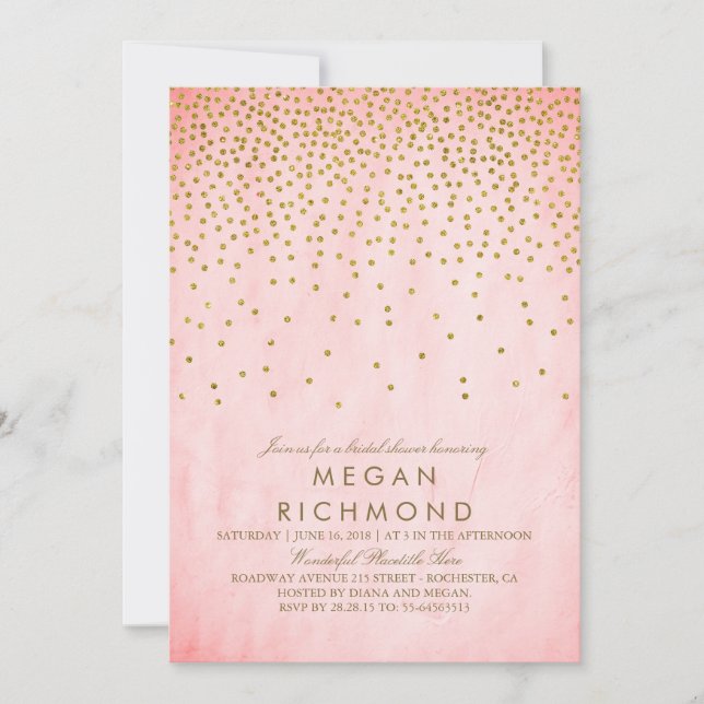 Vintage Gold Confetti Pink Bridal Shower Invitation (Front)