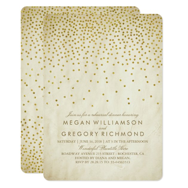 Vintage Gold Confetti Rehearsal Dinner Invitation