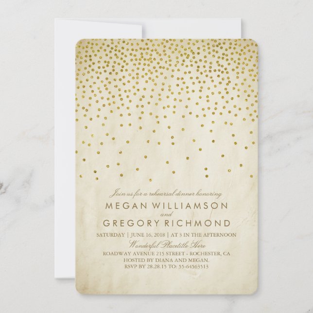 Vintage Gold Confetti Rehearsal Dinner Invitation (Front)