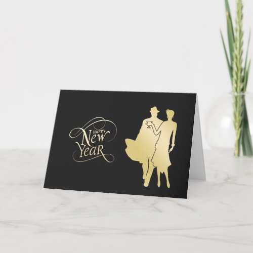 Vintage Gold Couple Art Deco New Year Holiday Card