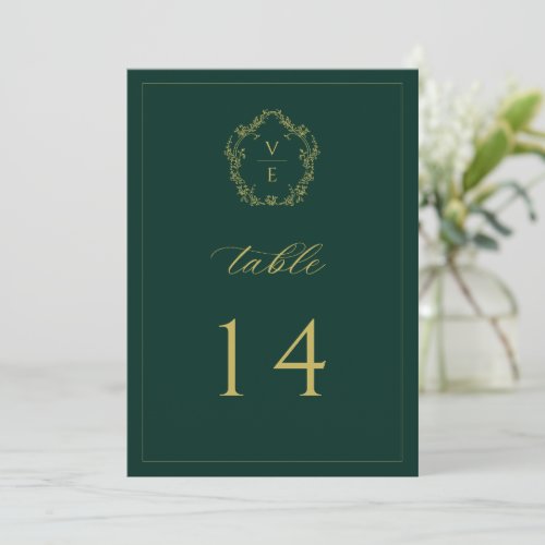 Vintage Gold Crest Emerald Wedding Table Number