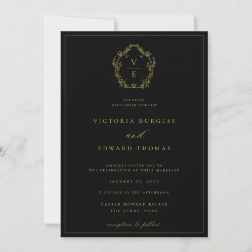 Vintage Gold Crest Monogram Black Wedding Invitation