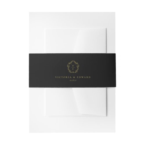 Vintage Gold Crest Monogram Black Wedding Invitation Belly Band