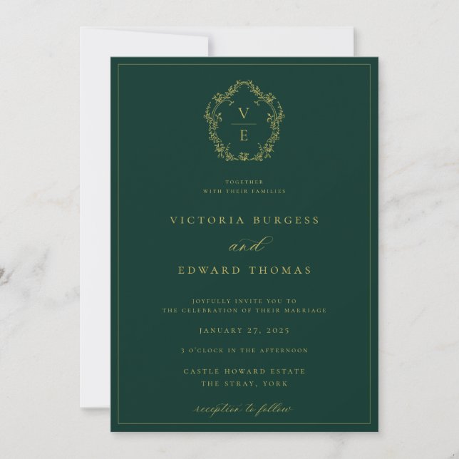 Vintage Gold Crest Monogram Emerald Wedding Invitation (Front)