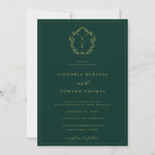 Vintage Gold Crest Monogram Emerald Wedding Invitation