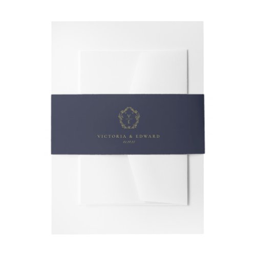 Vintage Gold Crest Monogram Navy Wedding Invitation Belly Band