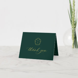 Vintage Gold Crest Monogram Wedding Photo Emerald Letterpress Thank You Card