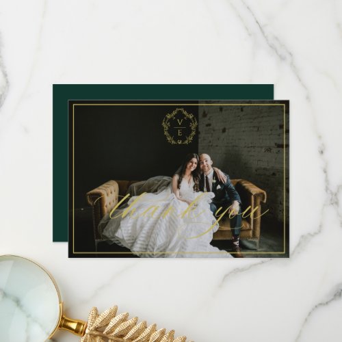 Vintage Gold Crest Monogram Wedding Photo Emerald Thank You Card