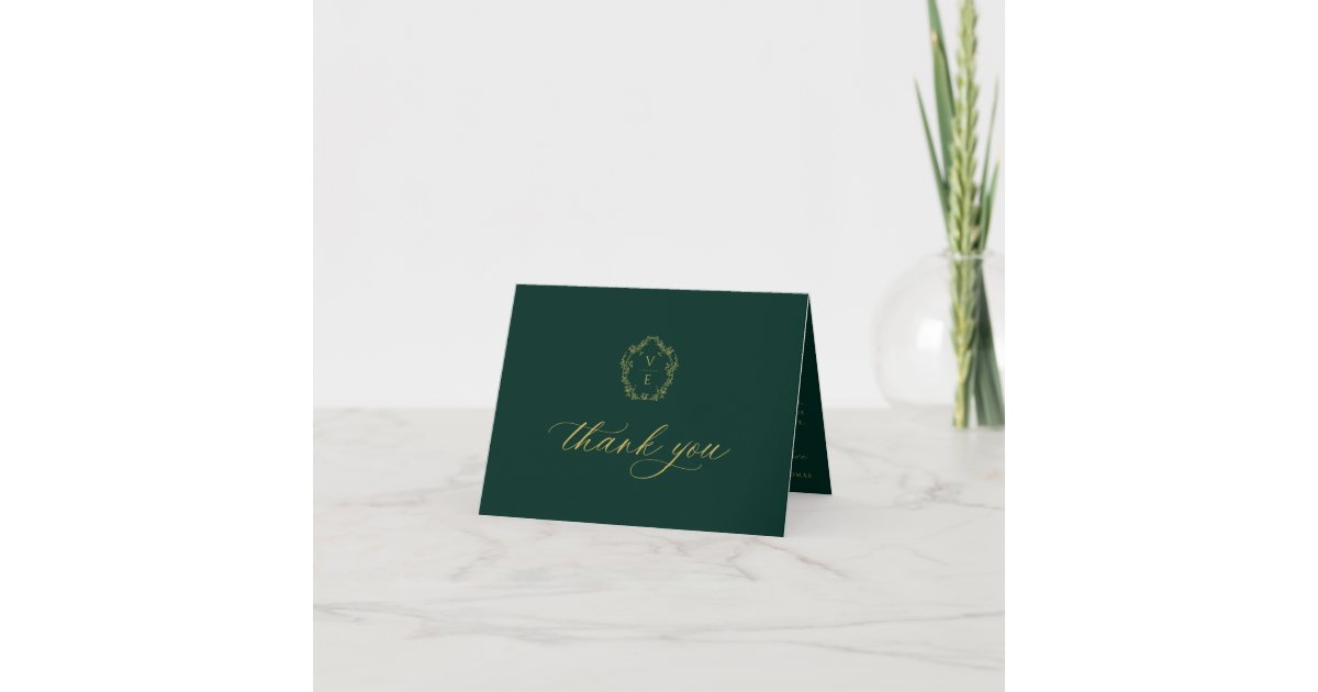 Vintage Gold Crest Monogram Wedding Photo Emerald Thank You Card | Zazzle