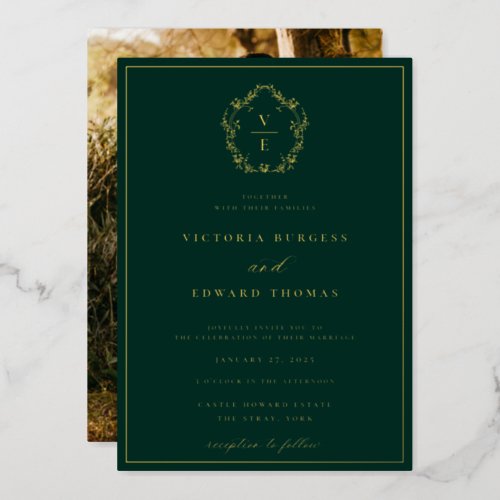 Vintage Gold Crest Monogram Wedding Photo Foil Invitation