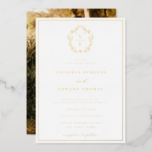 Vintage Gold Crest Monogram Wedding Photo Foil Invitation