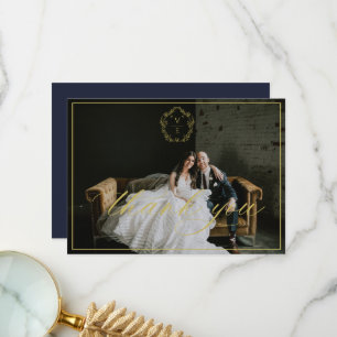 Vintage Gold Crest Monogram Wedding Photo Navy Thank You Card