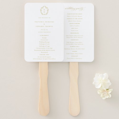 Vintage Gold Crest Monogram Wedding Program Hand Fan