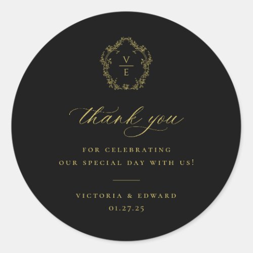 Vintage Gold Crest Monogram Wedding Thank You Classic Round Sticker