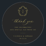 Vintage Gold Crest Monogram Wedding Thank You Classic Round Sticker<br><div class="desc">Vintage Crest gold monogram,  wedding favor thank you sticker in black.</div>