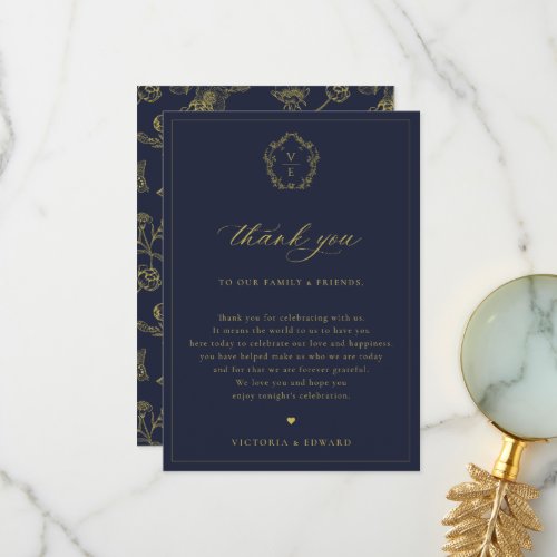 Vintage Gold Crest Navy Wedding Reception Table Thank You Card