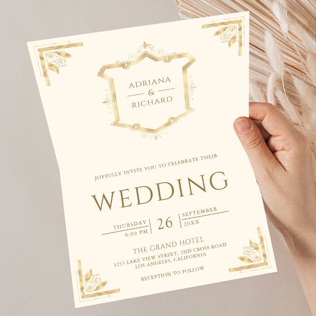 Vintage Gold Crest QR Code Cream Wedding Invitation (Creator Uploaded)