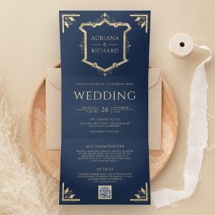 Vintage Gold Crest QR Code Navy Blue Wedding Tri-Fold Invitation