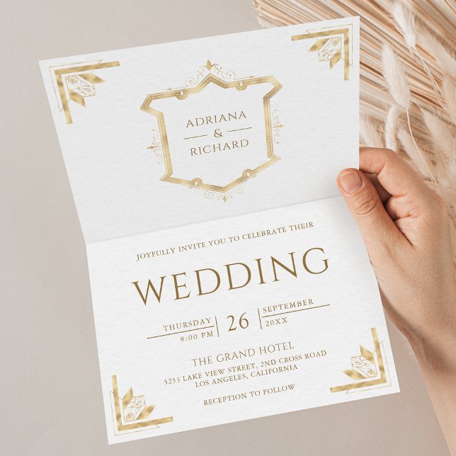 Vintage Gold Crest QR Code White Wedding Invitation (Creator Uploaded)