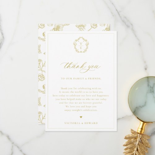 Vintage Gold Crest Wedding Reception Table Thank You Card