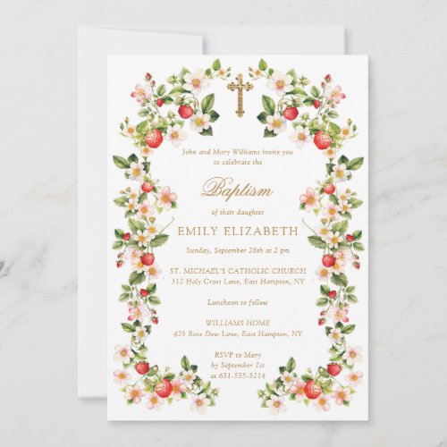 Vintage Gold Cross Flowers  Strawberries Baptism Invitation