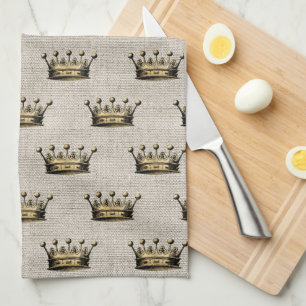 Vintage Gold Crown Natural Linen Chic Royalty Fun Kitchen Towel