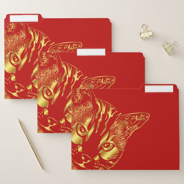 Vintage Gold Cute Face Cat  File Folder (Set)