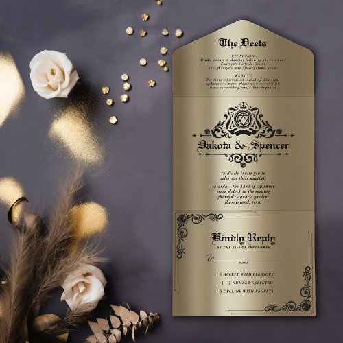 Vintage Gold D20  RPG Tabletop Dice Wedding All In One Invitation