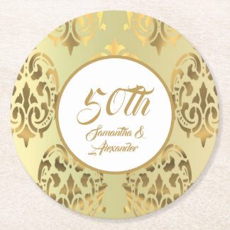 Vintage gold damask 50th anniversary round paper c round paper coaster