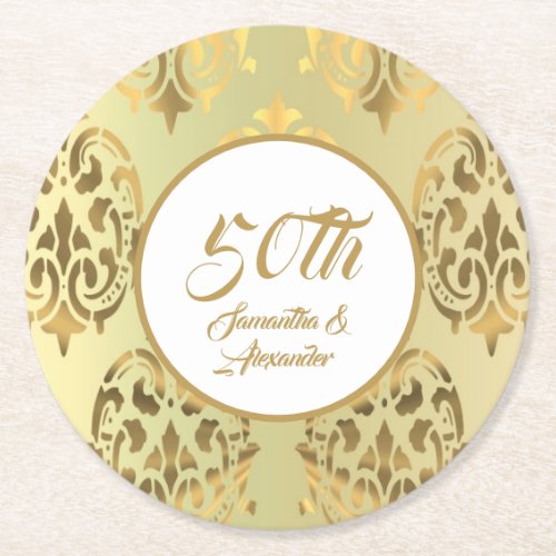 Vintage gold damask 50th anniversary round paper c round paper coaster