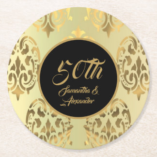Vintage gold damask 50th anniversary round paper coaster