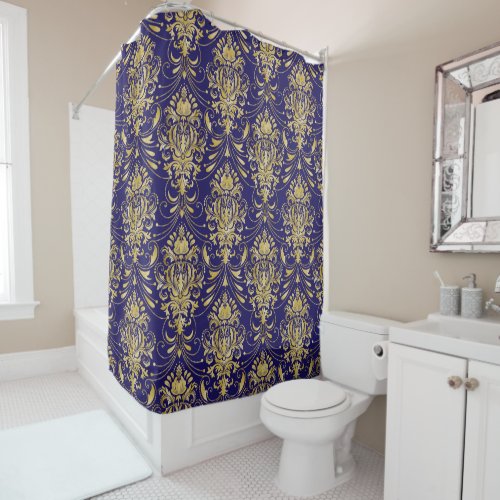 Vintage Gold Damask Pattern over Royal Blue Shower Curtain