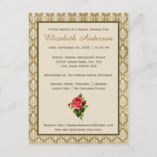 Vintage Gold Damask Pink Rose Bridal Shower Invitation Postcard