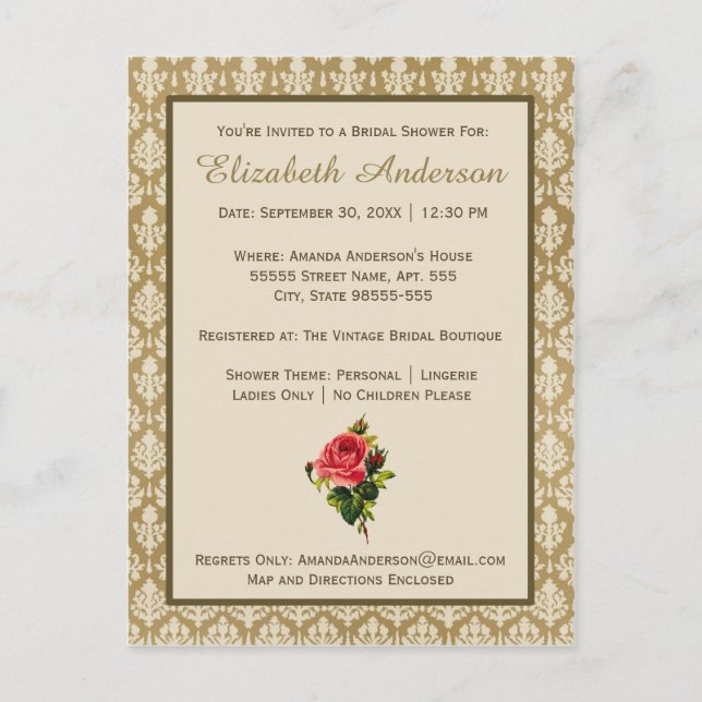 Vintage Gold Damask Pink Rose Bridal Shower Invitation Postcard (Front)