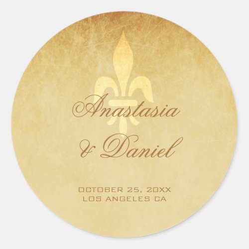 Vintage gold de luxe French fleur de lis wedding Classic Round Sticker