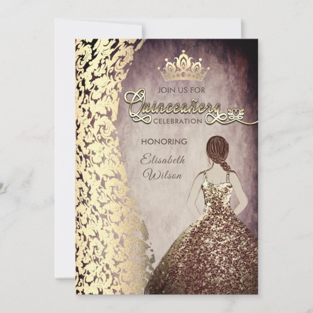 Vintage gold dress damask  tiara Quinceañera Invitation (Front)