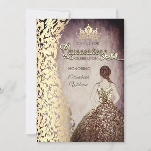 Vintage gold dress damask tiara Quinceañera Invitation