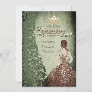 Vintage gold dress damask  tiara Quinceañera Invitation