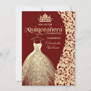 Vintage gold dress damask tiara Quinceañera red Invitation