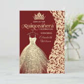 Vintage gold dress damask  tiara Quinceañera red Invitation (Standing Front)