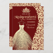 Vintage gold dress damask  tiara Quinceañera red Invitation (Front/Back)